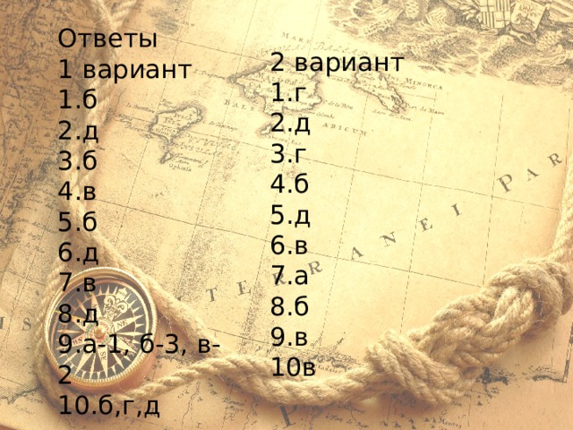 Ответы 1 вариант 1.б 2.д 3.б 4.в 5.б 6.д 7.в 8.д 9.а-1, б-3, в-2 10.б,г,д     2 вариант 1.г 2.д 3.г 4.б 5.д 6.в 7.а 8.б 9.в 10в 
