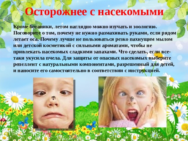 Осторожнее с насекомыми   Кроме ботаники, летом наглядно можно изучать и зоологию. Поговорите о том, почему не нужно размахивать руками, если рядом летает оса. Почему лучше не пользоваться резко пахнущим мылом или детской косметикой с сильными ароматами, чтобы не привлекать насекомых сладкими запахами. Что сделать, если все-таки укусила пчела. Для защиты от опасных насекомых выберите репеллент с натуральными компонентами, разрешенный для детей, и наносите его самостоятельно в соответствии с инструкцией.  