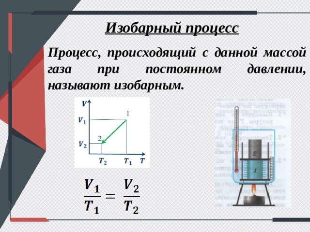 Изобарный процесс Процесс, происходящий с данной массой газа при постоянном давлении, называют изобарным. 