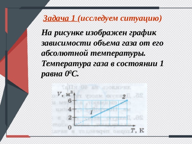 Задача 1 (исследуем ситуацию) На рисунке изображен график зависимости объема газа от его абсолютной температуры. Температура газа в состоянии 1 равна 0 0 С. 