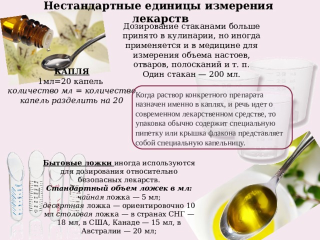 Нестандартные единицы измерения лекарств Дозирование стаканами больше принято в кулинарии, но иногда применяется и в медицине для измерения объема настоев, отваров, полосканий и т. п. Один стакан — 200 мл. КАПЛЯ 1мл=20 капель количество мл = количество капель разделить на 20 Когда раствор конкретного препарата назначен именно в каплях, и речь идет о современном лекарственном средстве, то упаковка обычно содержит специальную пипетку или крышка флакона представляет собой специальную капельницу. Бытовые ложки иногда используются для дозирования относительно безопасных лекарств. Стандартный   объем ложек в мл: чайная  ложка — 5 мл; десертная  ложка — ориентировочно 10 мл столовая  ложка — в странах СНГ — 18 мл, в США, Канаде — 15 мл, в Австралии — 20 мл; 