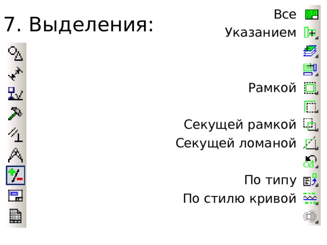 7. Выделения: Все Указанием Рамкой Секущей рамкой Секущей ломаной По типу По стилю кривой 