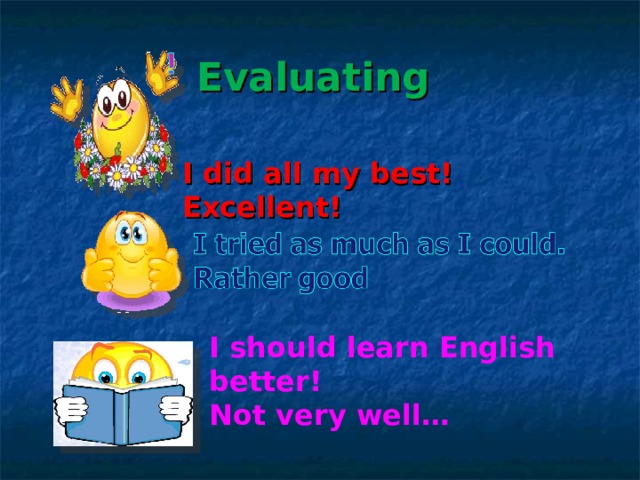 Evaluating  I did all my best! Excellent! I should learn English better! Not very well… 