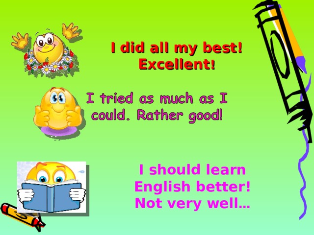 I did all my best! Excellent ! I should learn English better! Not very well … 