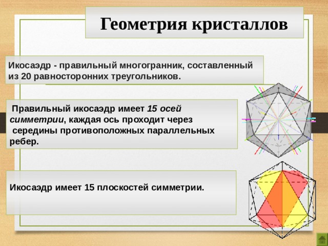 Геометрия кристаллов Икосаэдр - правильный многогранник, составленный из 20 равносторонних треугольников.  Правильный  икосаэдр  имеет  15 осей симметрии , каждая ось проходит через    середины  противоположных  параллельных   ребер.  Икосаэдр имеет 15 плоскостей симметрии.   16 