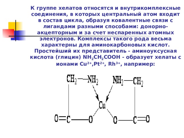     К группе хелатов относятся и внутрикомплексные соединения, в которых центральный атом входит в состав цикла, образуя ковалентные связи с лигандами разными способами: донорно-акцепторным и за счет неспаренных атомных электронов. Комплексы такого рода весьма характерны для аминокарбоновых кислот. Простейший их представитель - аминоуксусная кислота (глицин) NH 2 CH 2 COOH - образует хелаты с ионами Cu 2+ ,Pt 2+ , Rh 3+ , например:     