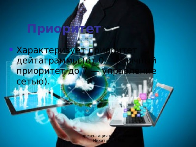 Приоритет Характеризует приоритет дейтаграммы (от 0 —обычный приоритет до 7 — управление сетью). презентация подготовлена Никитиным М.Е. 