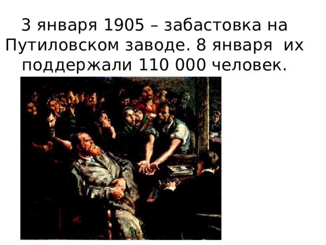3 января 1905 – забастовка на Путиловском заводе. 8 января их поддержали 110 000 человек. 