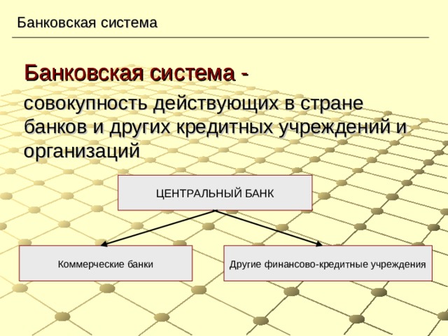 Банковская система Банковская система - совокупность действующих в стране банков и других кредитных учреждений и организаций ЦЕНТРАЛЬНЫЙ БАНК Коммерческие банки Другие финансово-кредитные учреждения 