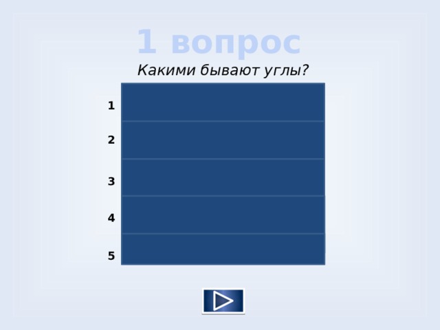 1 вопрос Какими бывают углы? Острыми  27 1 Тупыми    25 2 Прямыми  13 3 Вертикальными 8 4 Смежными   5 5  