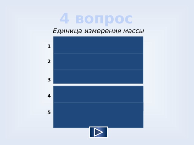 4 вопрос Единица измерения массы Килограмм  30 1 Грамм    20 2 Тонна   18 3 Центнер   10 4 Миллиграмм   2 5  
