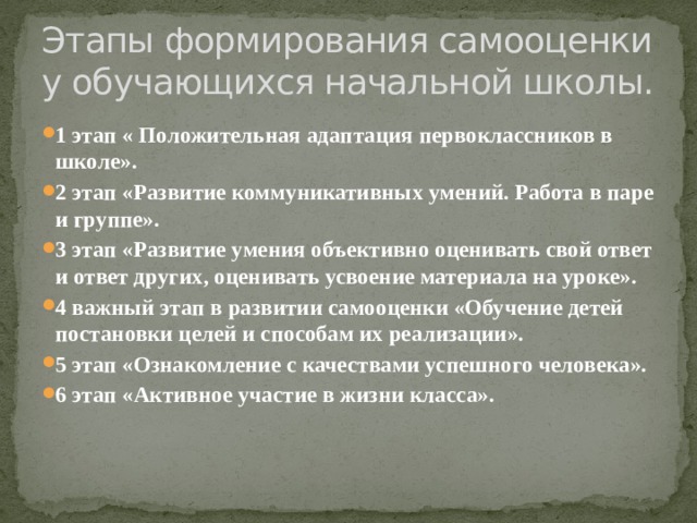 Этапы формирования самооценки у обучающихся начальной школы. 1 этап « Положительная адаптация первоклассников в школе». 2 этап «Развитие коммуникативных умений. Работа в паре и группе». 3 этап «Развитие умения объективно оценивать свой ответ и ответ других, оценивать усвоение материала на уроке». 4 важный этап в развитии самооценки «Обучение детей постановки целей и способам их реализации». 5 этап «Ознакомление с качествами успешного человека». 6 этап «Активное участие в жизни класса». 