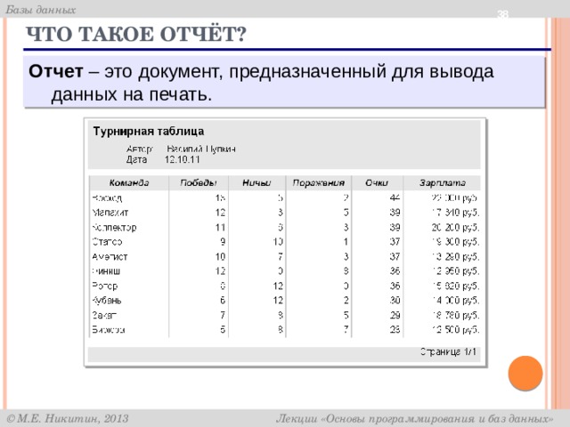 Что такое отчёт? Отчет – это документ, предназначенный для вывода данных на печать. 