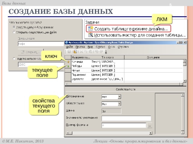  Создание базы данных ЛКМ ключ текущее поле свойства текущего поля 