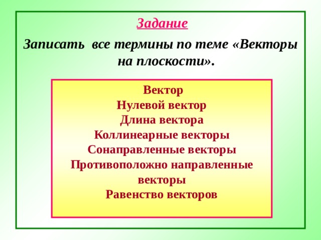  Задание Записать все термины по теме «Векторы на плоскости».   Вектор Нулевой вектор Длина вектора Коллинеарные векторы Сонаправленные векторы Противоположно направленные векторы Равенство векторов  