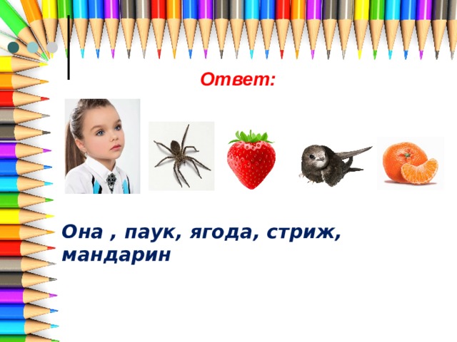 Ответ: Она , паук, ягода, стриж, мандарин 