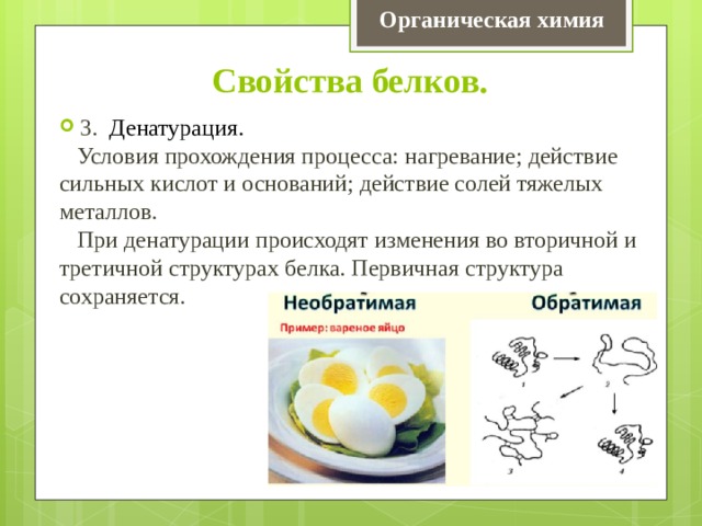 Органическая химия Свойства белков. 3. Денатурация.  Условия прохождения процесса: нагревание; действие сильных кислот и оснований; действие солей тяжелых металлов.  При денатурации происходят изменения во вторичной и третичной структурах белка. Первичная структура сохраняется. 