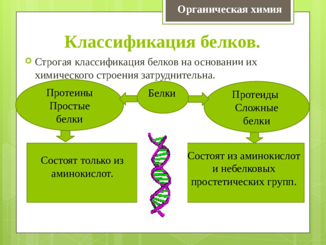 Органическая химия Классификация белков. Строгая классификация белков на основании их химического строения затруднительна. Протеины Простые белки Белки  Протеиды Протеиды Сложные белки Состоят только из аминокислот. Состоят из аминокислот и небелковых простетических групп. 