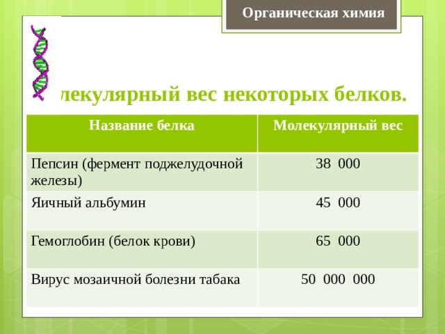 Органическая химия Молекулярный вес некоторых белков. Название белка Молекулярный вес Пепсин (фермент поджелудочной железы) 38 000 Яичный альбумин 45 000 Гемоглобин (белок крови) 65 000 Вирус мозаичной болезни табака 50 000 000 