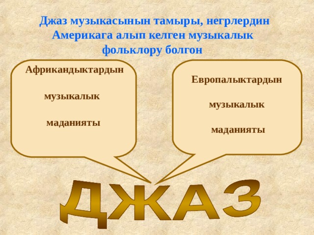 Джаз музыкасынын тамыры, негрлердин Америкага алып келген музыкалык фольклору болгон   Африкандыктардын музыкалык маданияты Европалыктардын  музыкалык  маданияты    