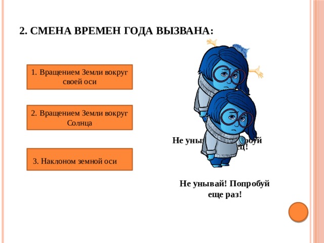 2. Смена времен года вызвана: 1. Вращением Земли вокруг своей оси 2. Вращением Земли вокруг Солнца Не унывай! Попробуй еще раз! Молодец! 3. Наклоном земной оси Не унывай! Попробуй еще раз! 