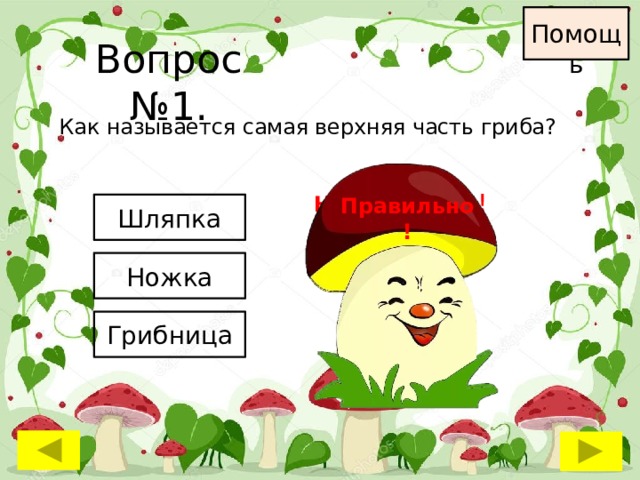 Помощь Вопрос №1. Как называется самая верхняя часть гриба? Неправильно ! Правильно! Неправильно! Шляпка Ножка Грибница 