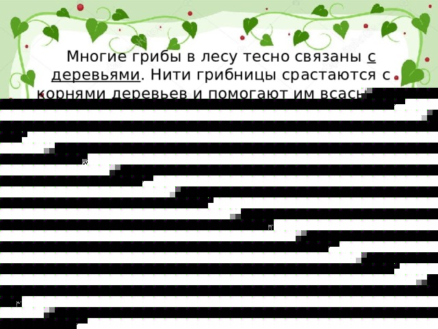 Многие грибы в лесу тесно связаны с деревьями . Нити грибницы срастаются с корнями деревьев и помогают им всасывать из почвы воду и соли. Взамен грибы получают от растений те питательные вещества , которые растения производят на свету. 