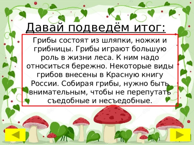 Давай подведём итог: Грибы состоят из шляпки, ножки и грибницы. Грибы играют большую роль в жизни леса. К ним надо относиться бережно. Некоторые виды грибов внесены в Красную книгу России. Собирая грибы, нужно быть внимательным, чтобы не перепутать съедобные и несъедобные. 