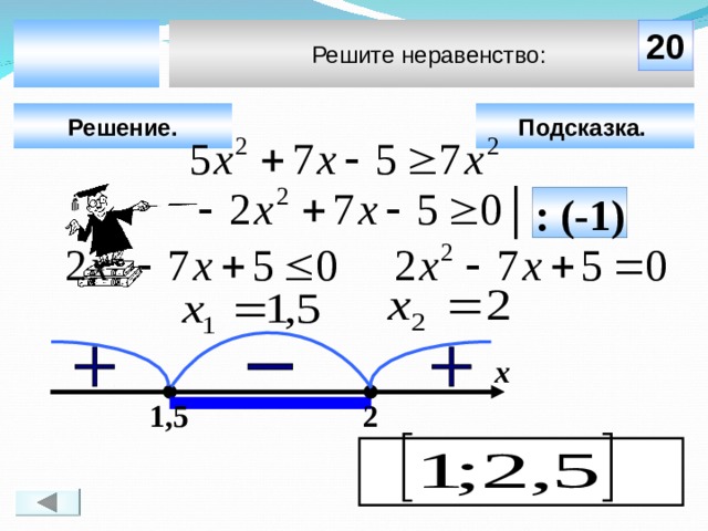 Решите неравенство:  20 Подсказка.  Решение. : (-1) Чтобы визуализировать ответ на задачу, необходимо щёлкнуть мышкой по пустому месту слайда; для визуализации подсказки нажмите на кнопку «Подсказка» (при необходимости). х  2 1,5 16 