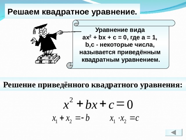 Решаем квадратное уравнение. Уравнение вида ах 2 + b х + с = 0, где а = 1, b ,с - некоторые числа, называется приведённым квадратным уравнением. Решение приведённого квадратного уравнения: Все действия на слайде – последовательно щелчком мышки.    2 0 c bx  x 23 