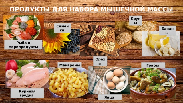 ПРОДУКТЫ ДЛЯ НАБОРА МЫШЕЧНОЙ МАССЫ Крупы Семечки Бананы Рыба и морепродукты Орехи Макароны Грибы Куриная грудка Яйца  