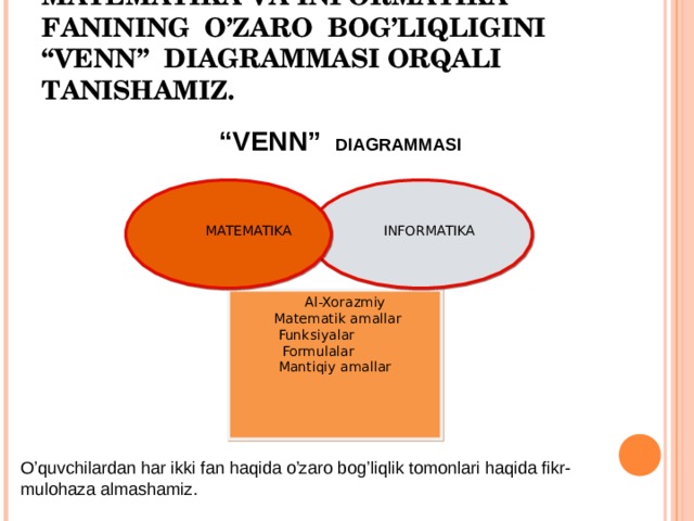 MATEMATIKA VA INFORMATIKA FANINING O’ZARO BOG’LIQLIGINI “VENN” DIAGRAMMASI ORQALI TANISHAMIZ. “ VENN” DIAGRAMMASI  MATEMATIKA INFORMATIKA INFORMATIKA  Al-Xorazmiy  Matematik amallar  Funksiyalar  Formulalar  Mantiqiy amallar O’quvchilardan har ikki fan haqida o’zaro bog’liqlik tomonlari haqida fikr-mulohaza almashamiz. 