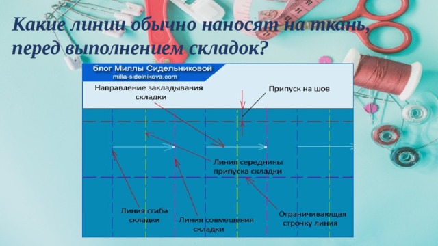 Какие линии обычно наносят на ткань, перед выполнением складок?   