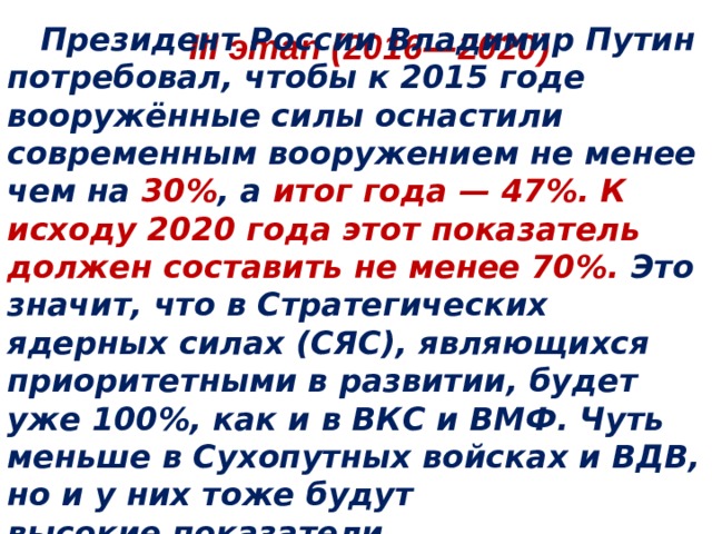  Президент России Владимир Путин потребовал, чтобы к 2015 год e вооружённые силы оснастили современным вооружением не менее чем на 30% , а итог года — 47%. К исходу 2020 года этот показатель должен составить не менее 70%. Это значит, что в Стратегических ядерных силах (СЯС), являющихся приоритетными в развитии, будет уже 100%, как и в ВКС и ВМФ. Чуть меньше в Сухопутных войсках и ВДВ, но и у них тоже будут высокие показатели. III этап (20 16 — 20 20 ) 