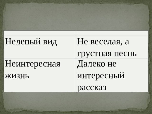 Нелепый вид Не веселая, а грустная песнь Неинтересная жизнь Далеко не интересный рассказ 