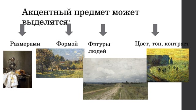 Акцентный предмет может выделятся; Цвет, тон, контраст Размерами Формой Фигуры людей 