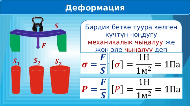 Деформация Бирдик бетке туура келген күчтүн чоңдугу механикалык чыңалуу же жөн эле чыңалуу деп аталат                   