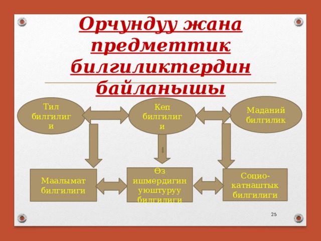 Орчундуу жана предметтик билгиликтердин байланышы Маданий билгилик Тил билгилиги Кеп билгилиги Өз ишмердигин уюштуруу билгилиги Социо-катнаштык билгилиги Маалымат билгилиги  