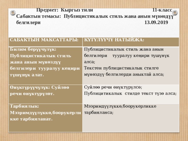 Предмет: Кыргыз тили 11-класс  Сабактын темасы: Публицистикалык стиль жана анын мүнөздүү белгилери 13.09.2019   САБАКТЫН МАКСАТТАРЫ: КҮТҮЛҮҮЧҮ НАТЫЙЖА: Билим берүүчүлүк: Публицистикалык стиль жана анын мүнөздүү белгилери тууралуу кеңири түшүнүк алат. Публицистикалык стиль жана анын белгилери тууралуу кеңири түшүнүк алса; Өнүктүрүүчүлүк: Суйлөө речи өнүктүрүлөт. Текстен публицистикалык стилге мүнөздүү белгилерди аныктай алса; Суйлөө речи өнүктүрүлсө; Тарбиялык: Мээримдүүлүккө,боорукерликке тарбияланат. Публицитикалык стилде текст түзө алса; Мээримдүүлүккө,боорукерликке тарбияланса;  