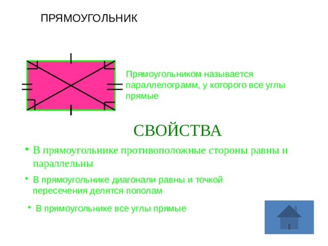 ПРЯМОУГОЛЬНИК Прямоугольником называется параллелограмм, у которого все углы прямые СВОЙСТВА В прямоугольнике противоположные стороны равны и параллельны В прямоугольнике диагонали равны и точкой пересечения делятся пополам В прямоугольнике все углы прямые 