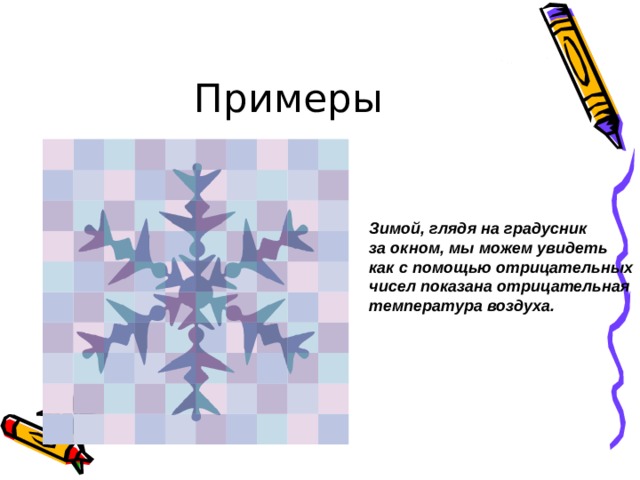 Зимой, глядя на градусник за окном, мы можем увидеть как с помощью отрицательных чисел показана отрицательная температура воздуха. 