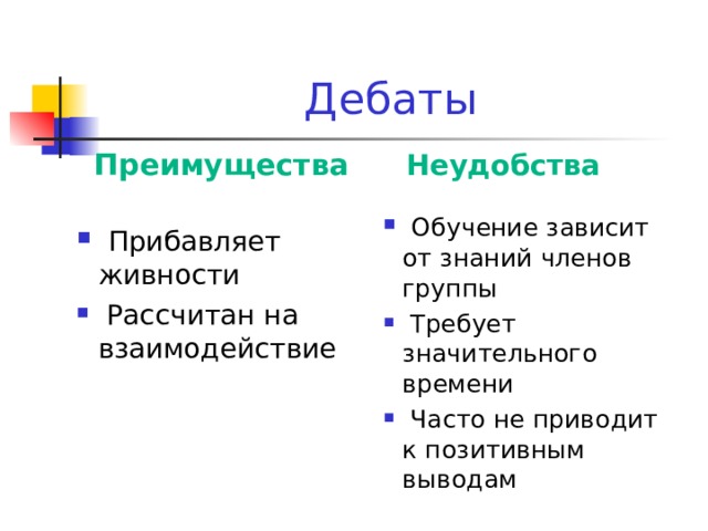 Дебаты Преимущества Неудобства  Обучение зависит от знаний членов группы  Требует значительного времени  Часто не приводит к позитивным выводам  Прибавляет живности  Рассчитан на взаимодействие 