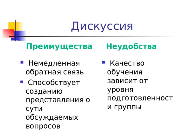 Дискуссия Преимущества Неудобства  Немедленная обратная связь  Способствует созданию представления о сути обсуждаемых вопросов  Качество обучения зависит от уровня подготовленности группы 