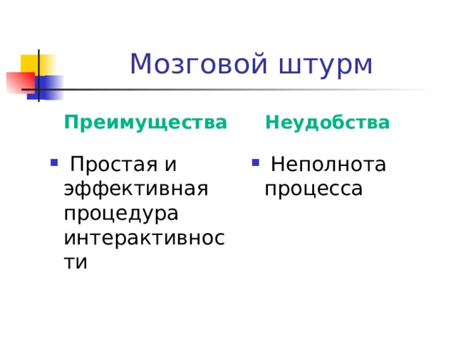 Мозговой штурм Преимущества Неудобства  Простая и эффективная процедура интерактивности  Неполнота процесса 