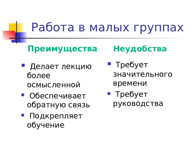Работа в малых группах Преимущества Неудобства  Требует значительного времени  Требует руководства  Делает лекцию более осмысленной  Обеспечивает обратную связь  Подкрепляет обучение 