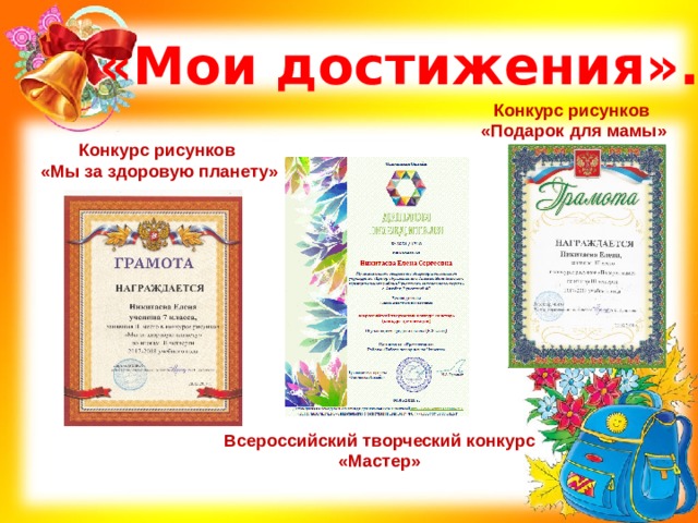 «Мои достижения». Конкурс рисунков «Подарок для мамы» Конкурс рисунков «Мы за здоровую планету»  Всероссийский творческий конкурс «Мастер»  