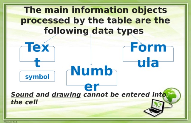 The main information objects processed by the table are the following data types    Text Formula Number symbol Sound and drawing cannot be entered into the cell  