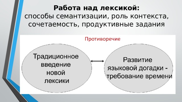 Работа над лексикой:  способы семантизации, роль контекста,  сочетаемость, продуктивные задания 