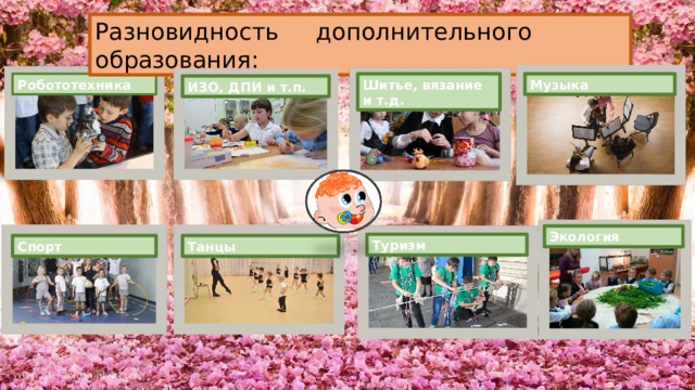 Разновидность дополнительного образования: Шитье, вязание и т.д. Робототехника Музыка ИЗО, ДПИ и т.п. Экология Туризм Спорт Танцы 