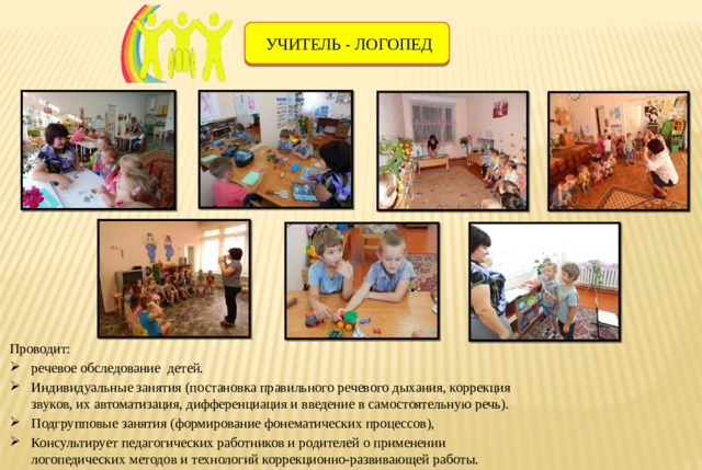  УЧИТЕЛЬ - ЛОГОПЕД Проводит: речевое обследование детей. Индивидуальные занятия (постановка правильного речевого дыхания, коррекция звуков, их автоматизация, дифференциация и введение в самостоятельную речь). Подгрупповые занятия (формирование фонематических процессов), Консультирует педагогических работников и родителей о применении логопедических методов и технологий коррекционно-развивающей работы. 